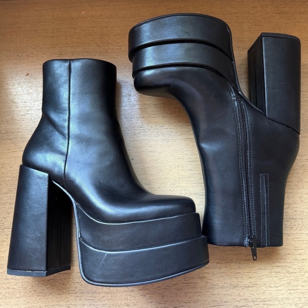 Steve Madden Black Double Platform Ankle Boots Cobra Block Heel Vegan Leather